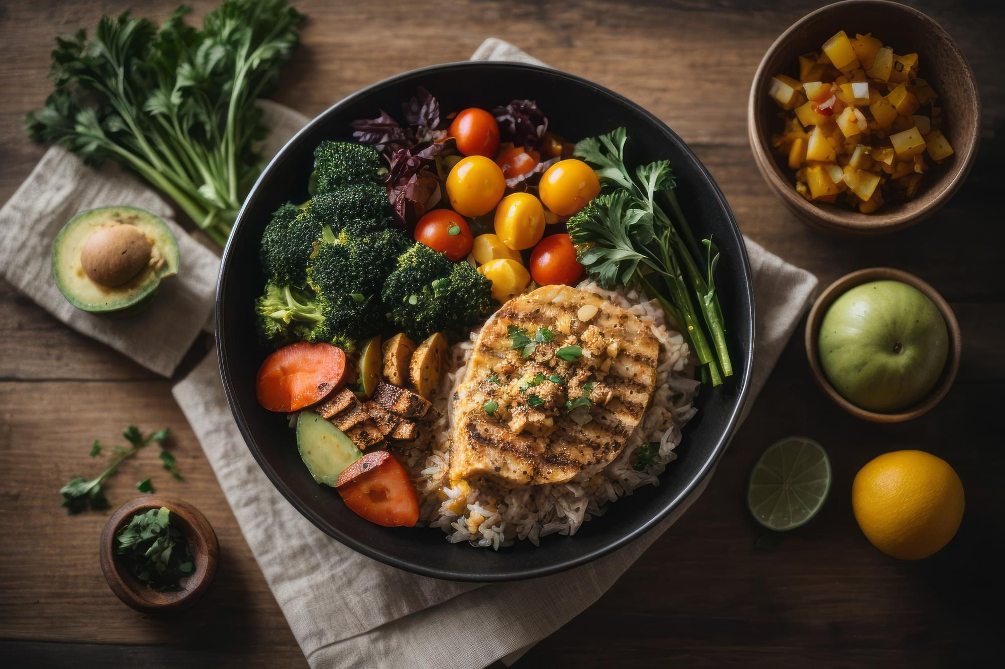 A balanced plate showing vegetables, protein-rich food, grains and colourful additions